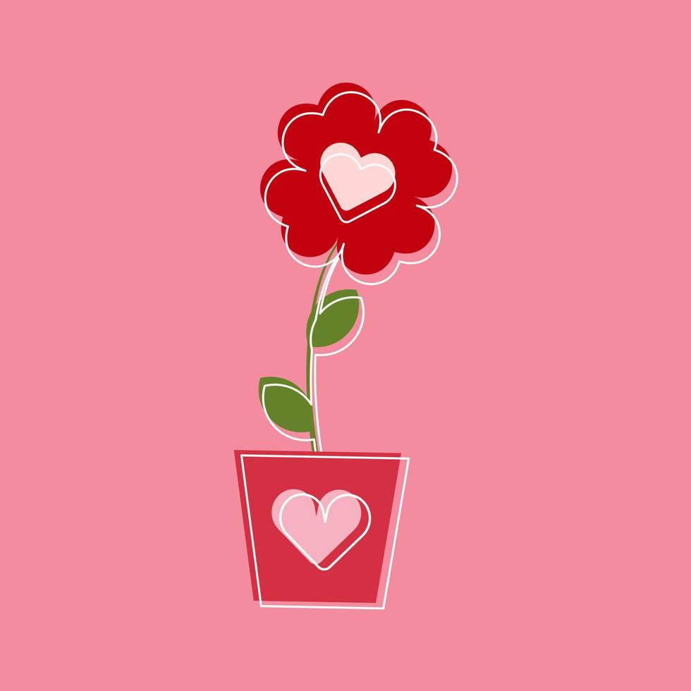 Heart shape red flowers in a flower pot. Love and romance symbol. Flat design. Isolated Vector Illustration