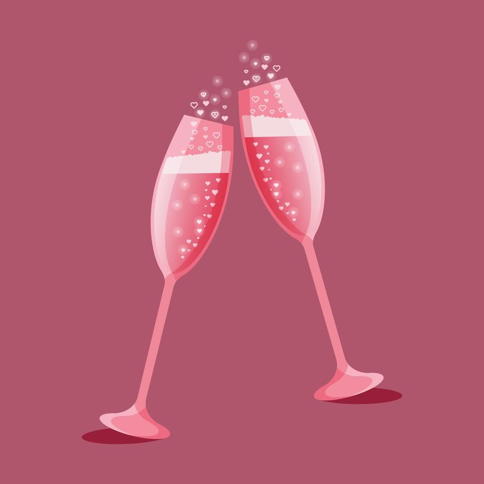 Two glasses of pink champagne with bubbles isolated on a pink background vector