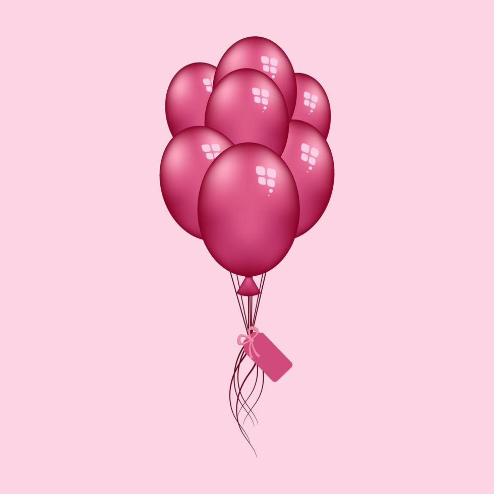 Festive bunch of purple fly balloons tied with a tag on pink background for Valentines card. Vector illustration