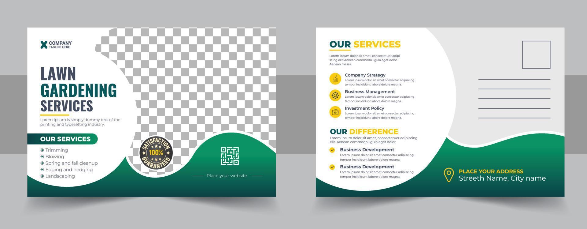 Lawn Mower Garden or Landscaping Service Postcard Template, Agro Eddm Postcard Design, Event Card Design, Direct Mail Template, Invitation card Design. vector
