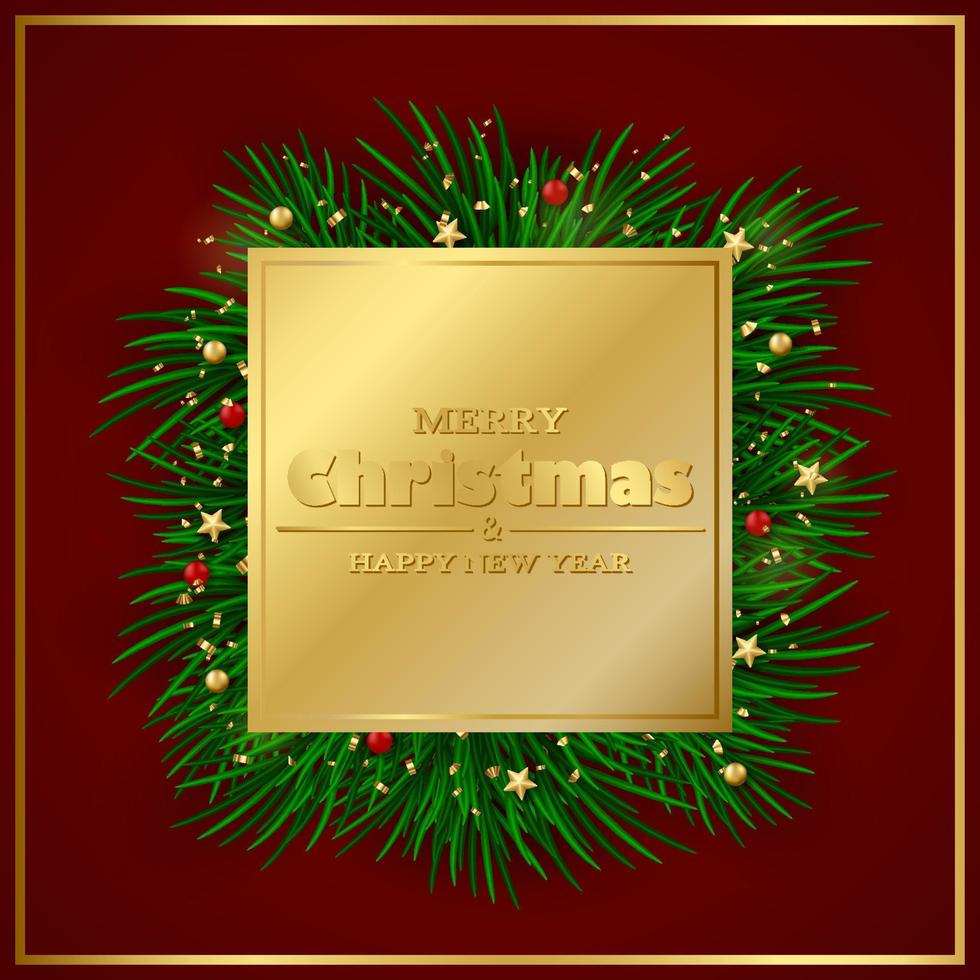 Merry Christmas and Happy New Year card. Christmas tree branches, gold decor and confetti on a red background. vector