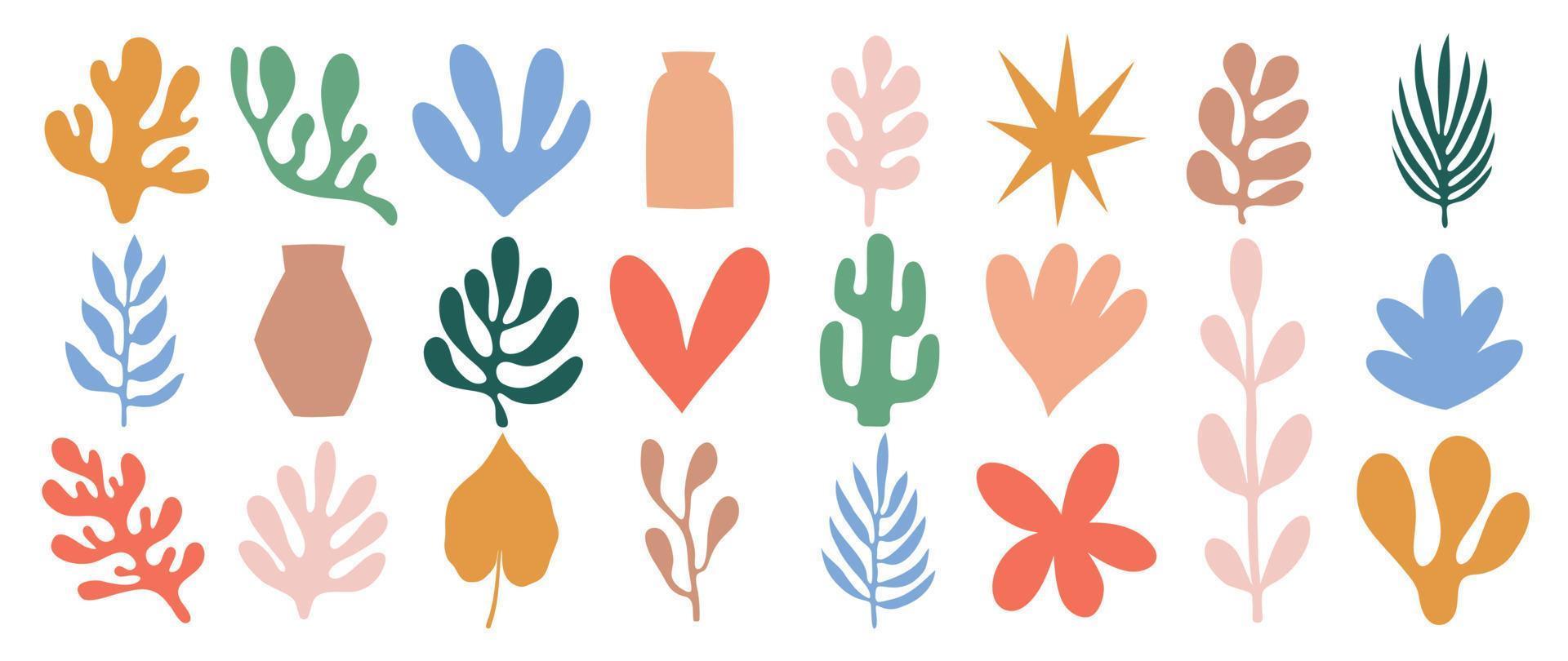 Set of abstract organic shapes inspired by matisse. Plants, cactus, leaf, algae, vase in paper cut collage style. Contemporary aesthetic vector element for logo, decoration, print, cover, wallpaper.