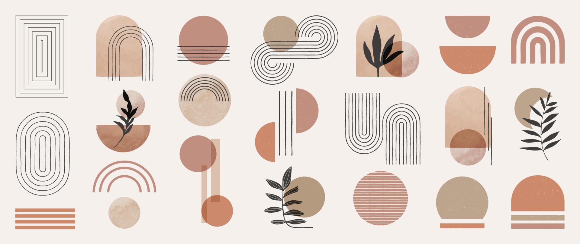 Hand drawn abstract minimal element mid century vector set. Aesthetic contemporary stripe line art, watercolor geometric shapes in nude colors. Art form design for wall art, decoration, wallpaper.