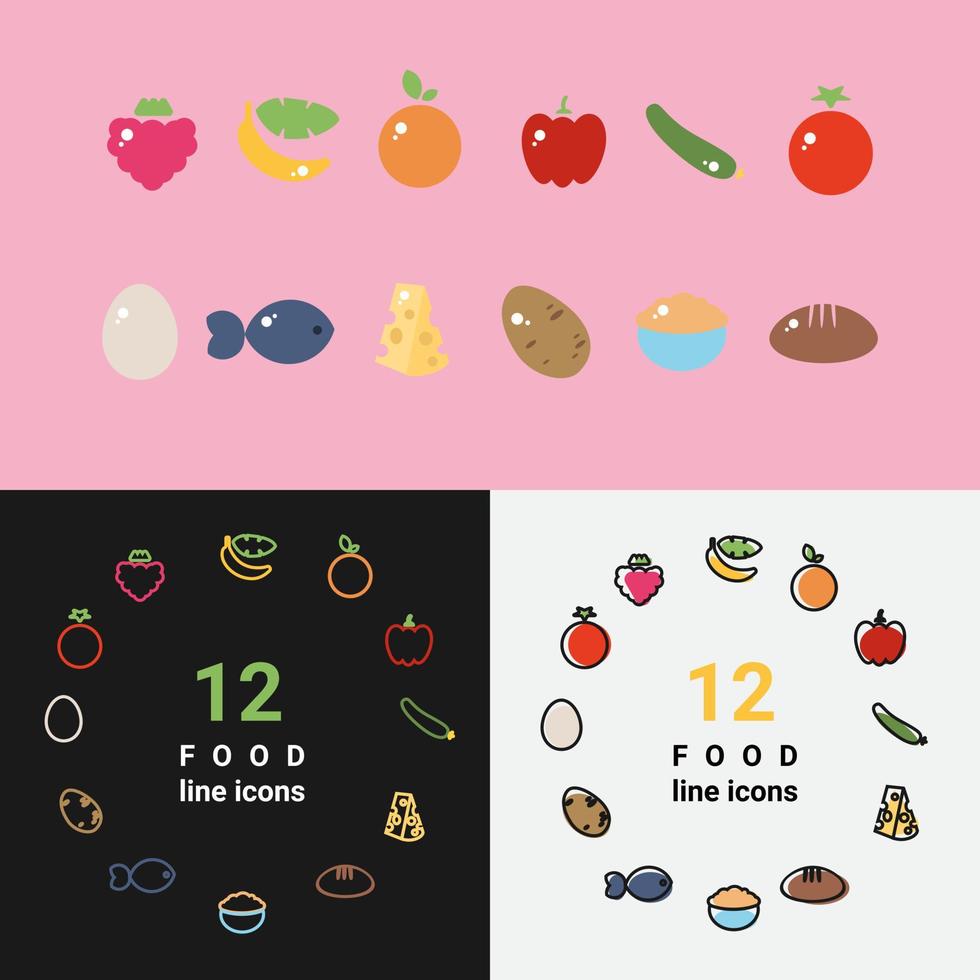 The dietary nutrition food outline icon set fruits and vegetables with egg, fish, hard cheese, oatmeal, and bread. Healthy eating concept vector illustration