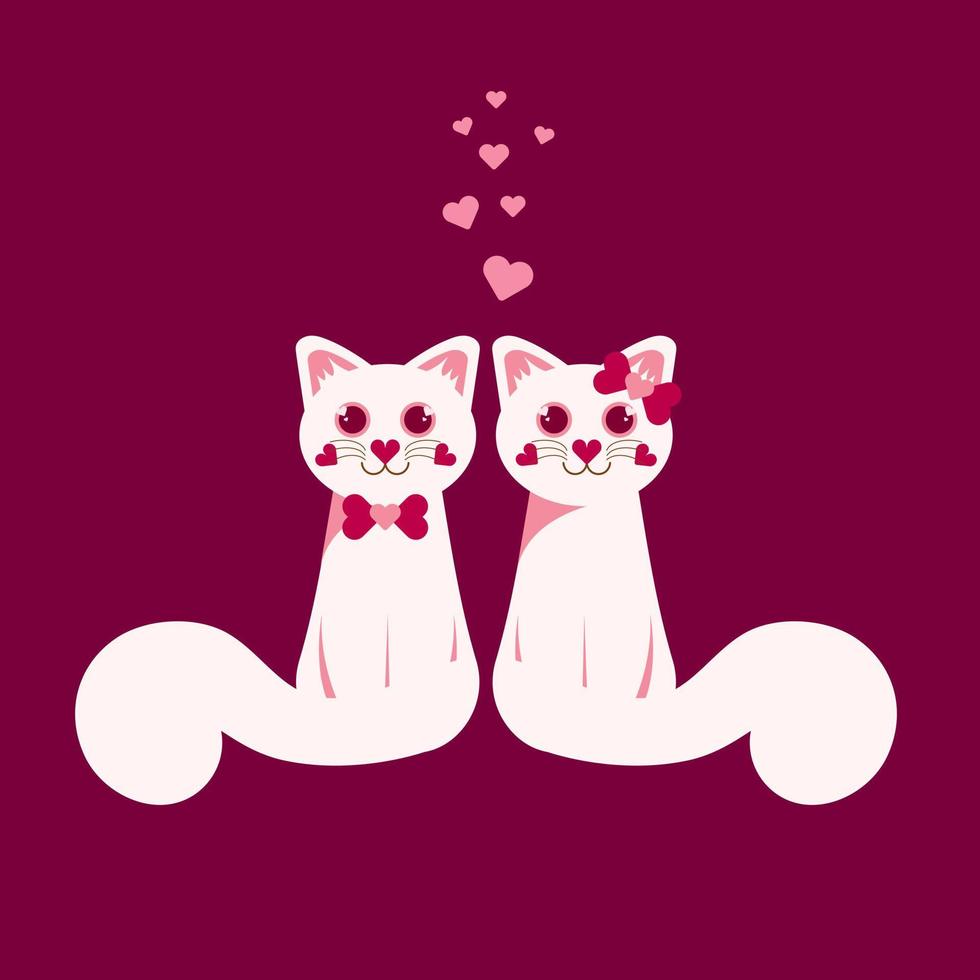 A couple of two white cats in love on maroon background for valentine day, cute cartoon character, vector illustrations in flat style