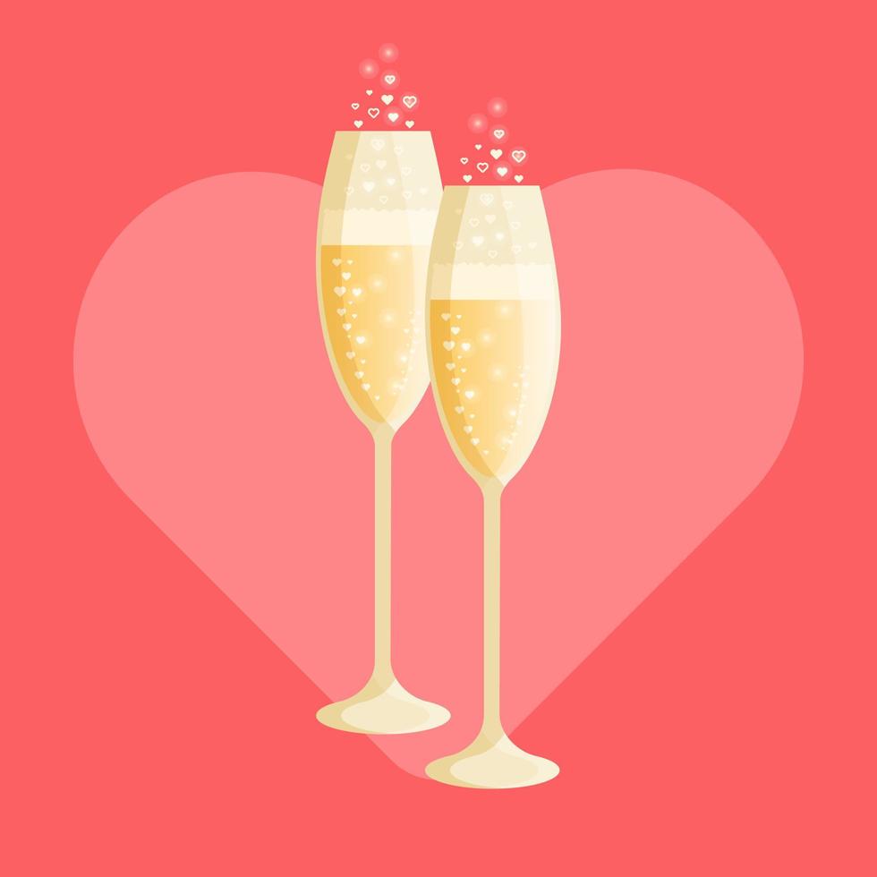 Two glasses of champagne with bubbles isolated on a red heart background vector