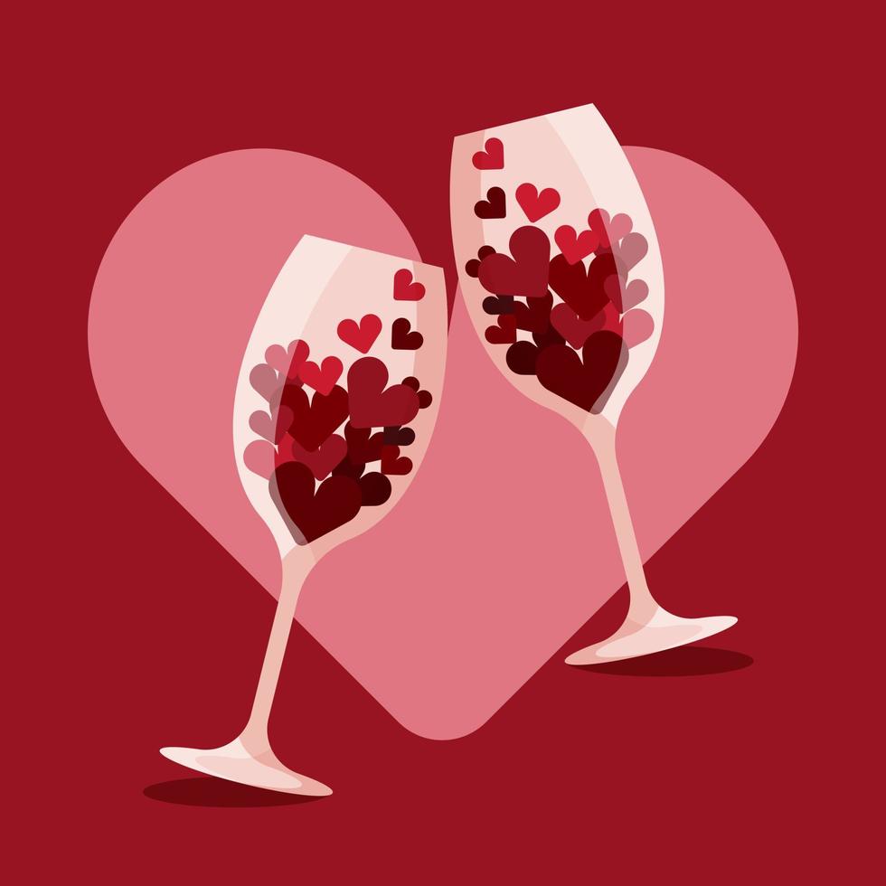 dos vino lentes con corazones. muchos pequeño rojo corazones en dos vino lentes. san valentin día concepto. vector ilustración