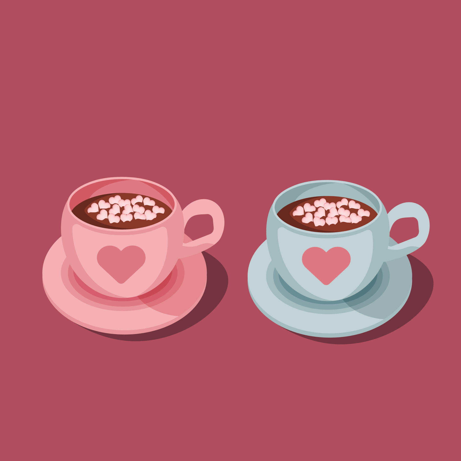 Two hot chocolate cup with marshmallows, blue and pink cups of cocoa
