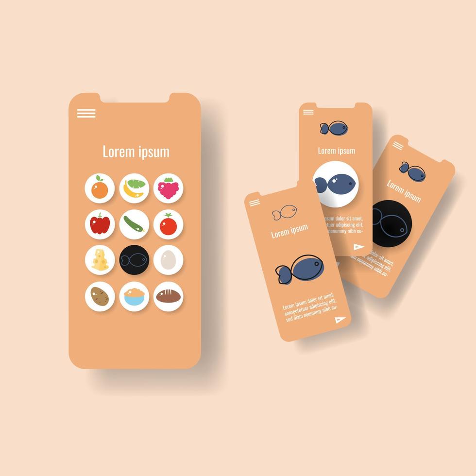 Template mobile app page with sea and river fish. Food outline icon vector illustration