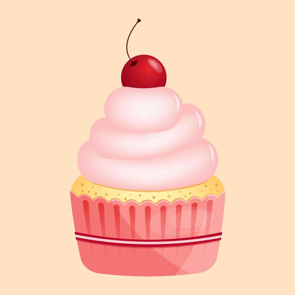 Cupcake with a cherry on in flat style isolated on pink background. Love, valentines day concept. Vector illustration