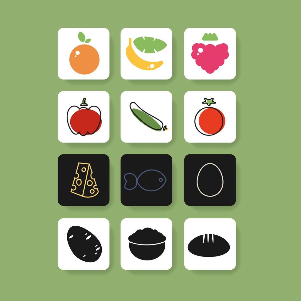 Set of colorful fruit and vegetable square button icons for app healthy nutrition. Vector illustration. Colorful outline web elements