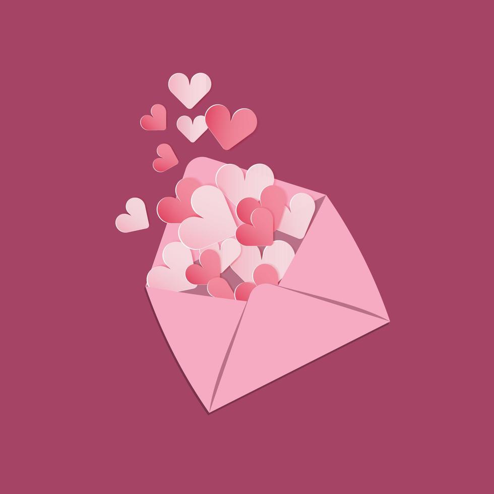 Pink envelope with pink, red, and white hearts isolated on maroon background. Love concept vector