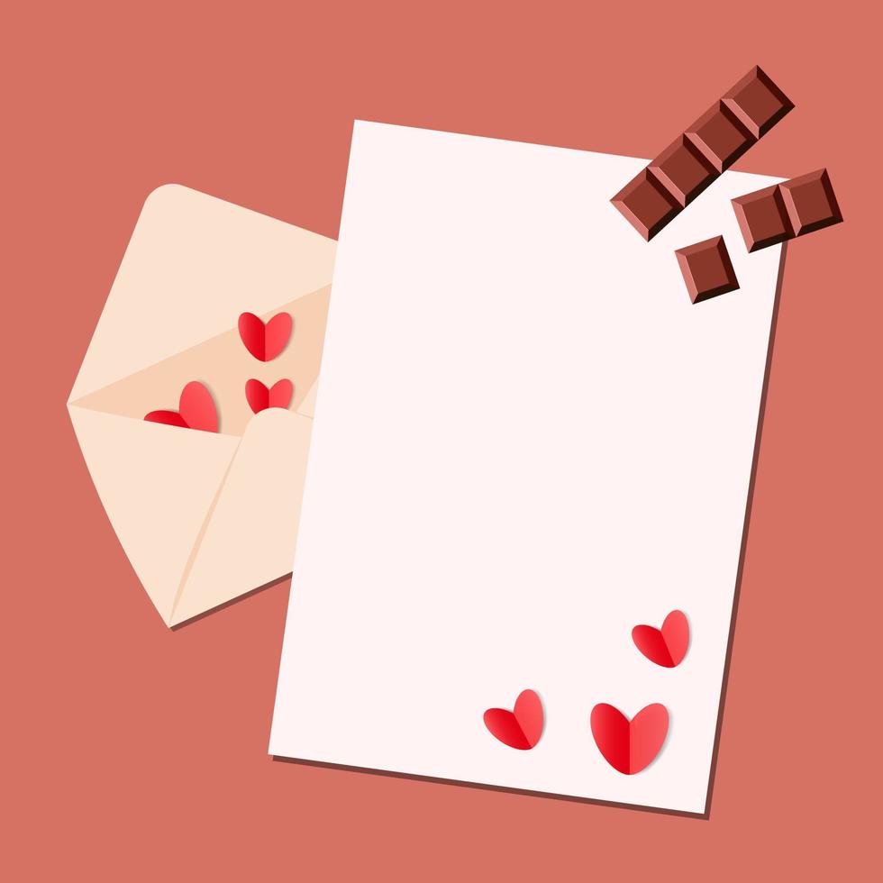 White envelope with red hearts and postcard with chocolate pieces isolated on brown background. Love concept mockup vector