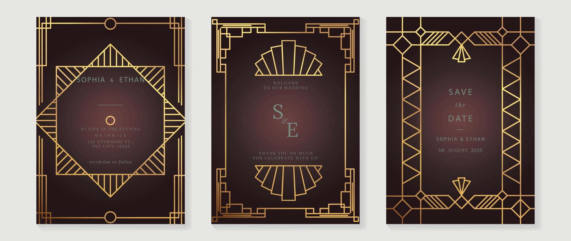 Luxury wedding invitation card background vector. Golden elegant geometric art deco gatsby style line art frame. Premium design illustration for wedding and vip cover template, banner, poster. vector