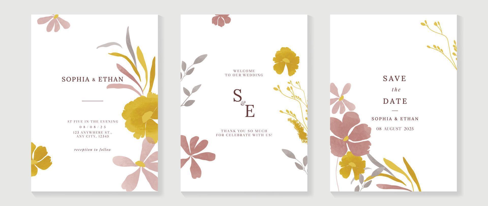 Luxury wedding invitation card background vector. Minimal hand painted watercolor botanical flowers texture template background. Design illustration for wedding and vip cover template, banner, poster. vector