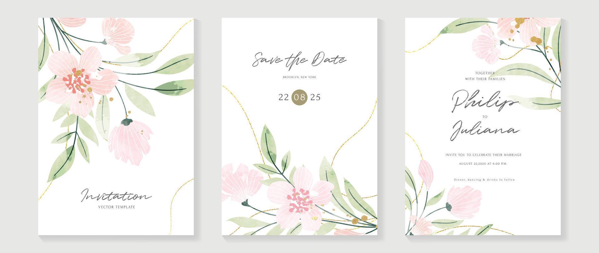 Luxury wedding invitation card background vector. Minimal hand painted watercolor botanical flowers texture template background. Design illustration for wedding and vip cover template, banner, poster. vector