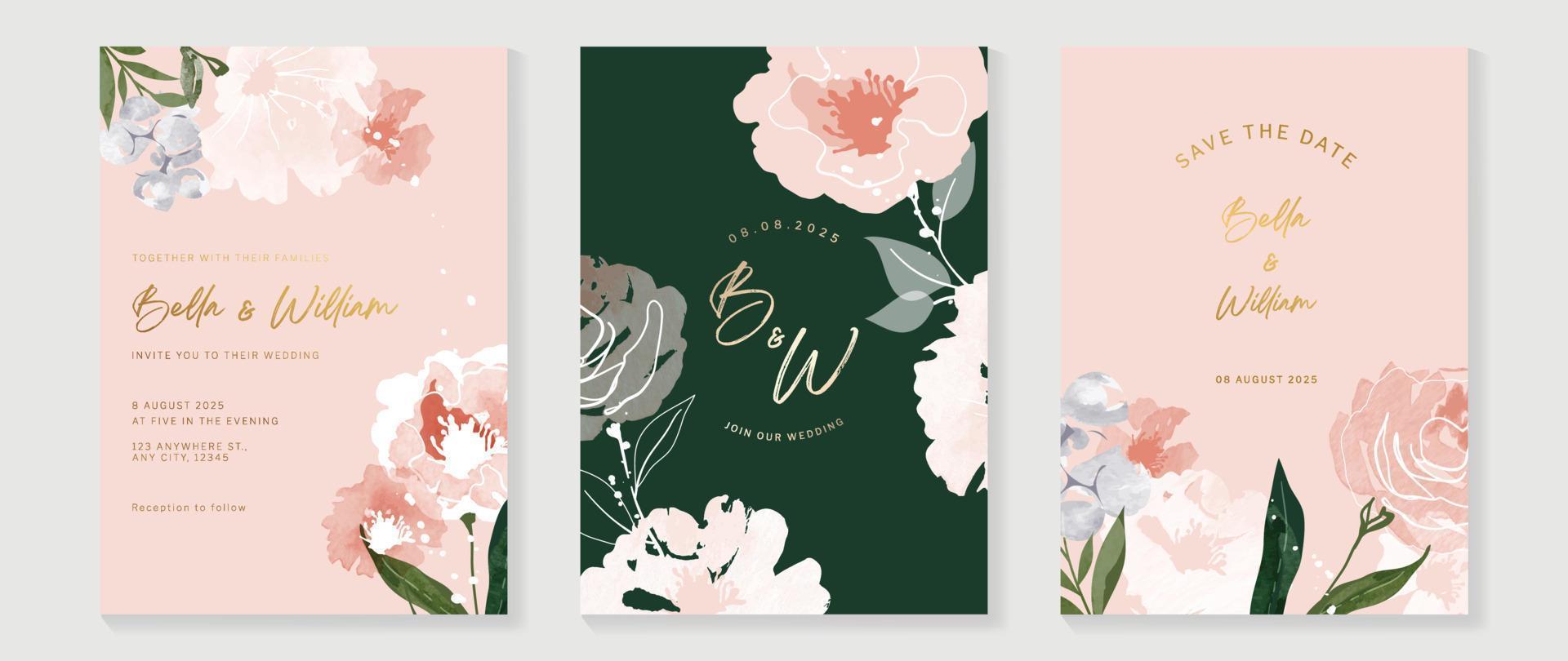 Luxury wedding invitation card background vector. Minimal hand painted watercolor botanical flowers texture template background. Design illustration for wedding and vip cover template, banner, poster. vector