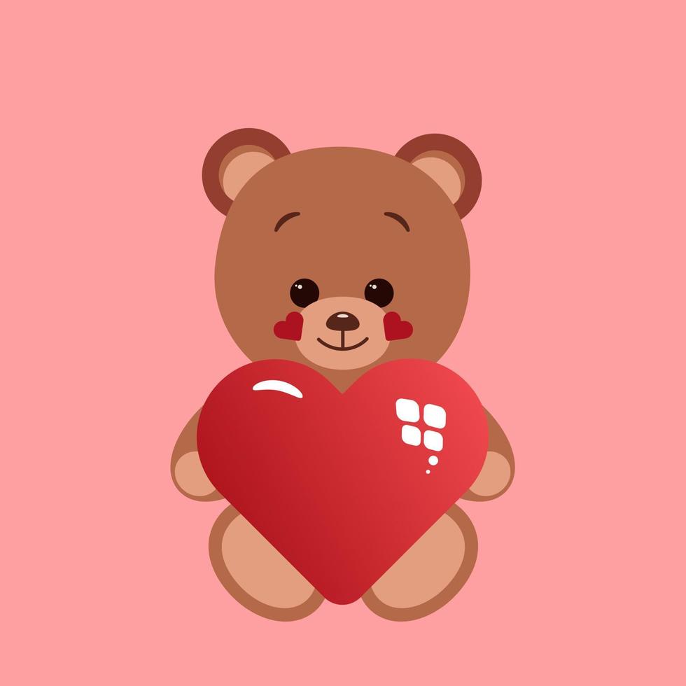 osito de peluche oso participación en el patas de un grande corazón. el concepto de enamorado día. plano vector ilustración aislado en un rojo antecedentes