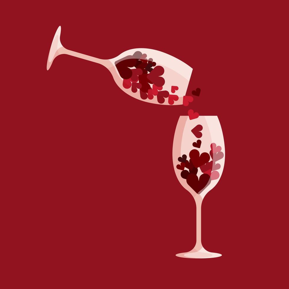 Two wine glasses with hearts. Many little red hearts pour from one glass to another. Valentines day concept. Vector illustration