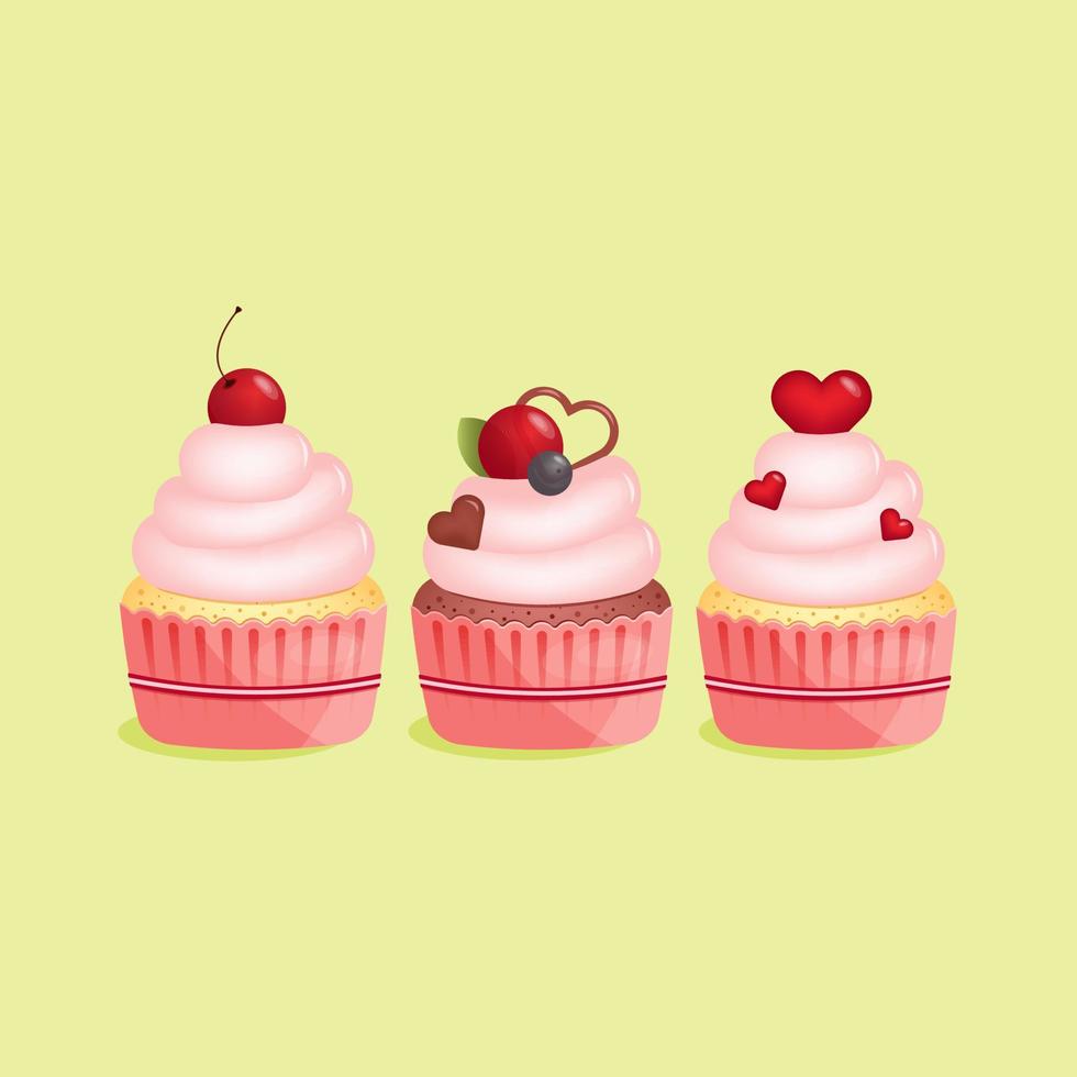 Set of three cupcakes with heart shape chocolate and cherry in flat style isolated on yellow background. Love, valentines day concept. Vector illustration