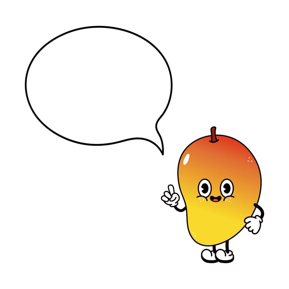 Cute funny Mango with speech bubble character. Vector hand drawn traditional cartoon vintage, retro, kawaii character illustration icon. Isolated white background. Mango character