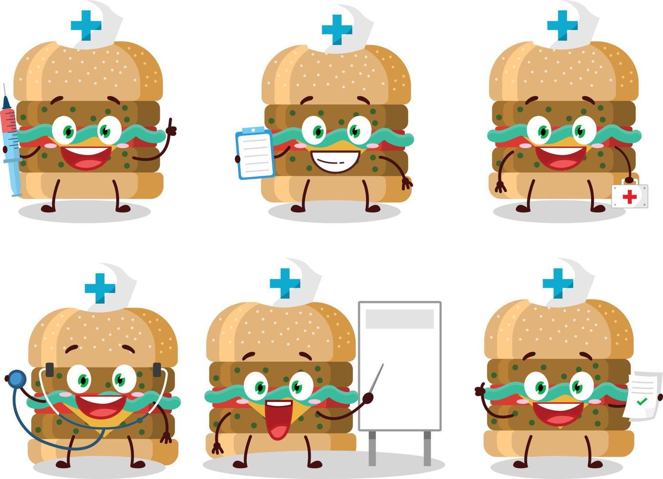 médico profesión emoticon con hamburguesa dibujos animados personaje vector