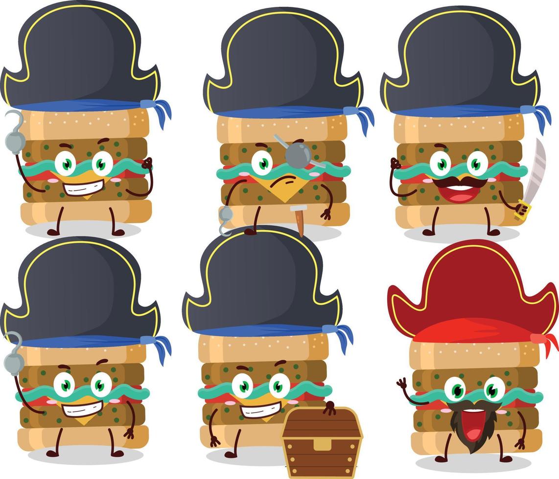 Cartoon character of hamburger with various pirates emoticons vector