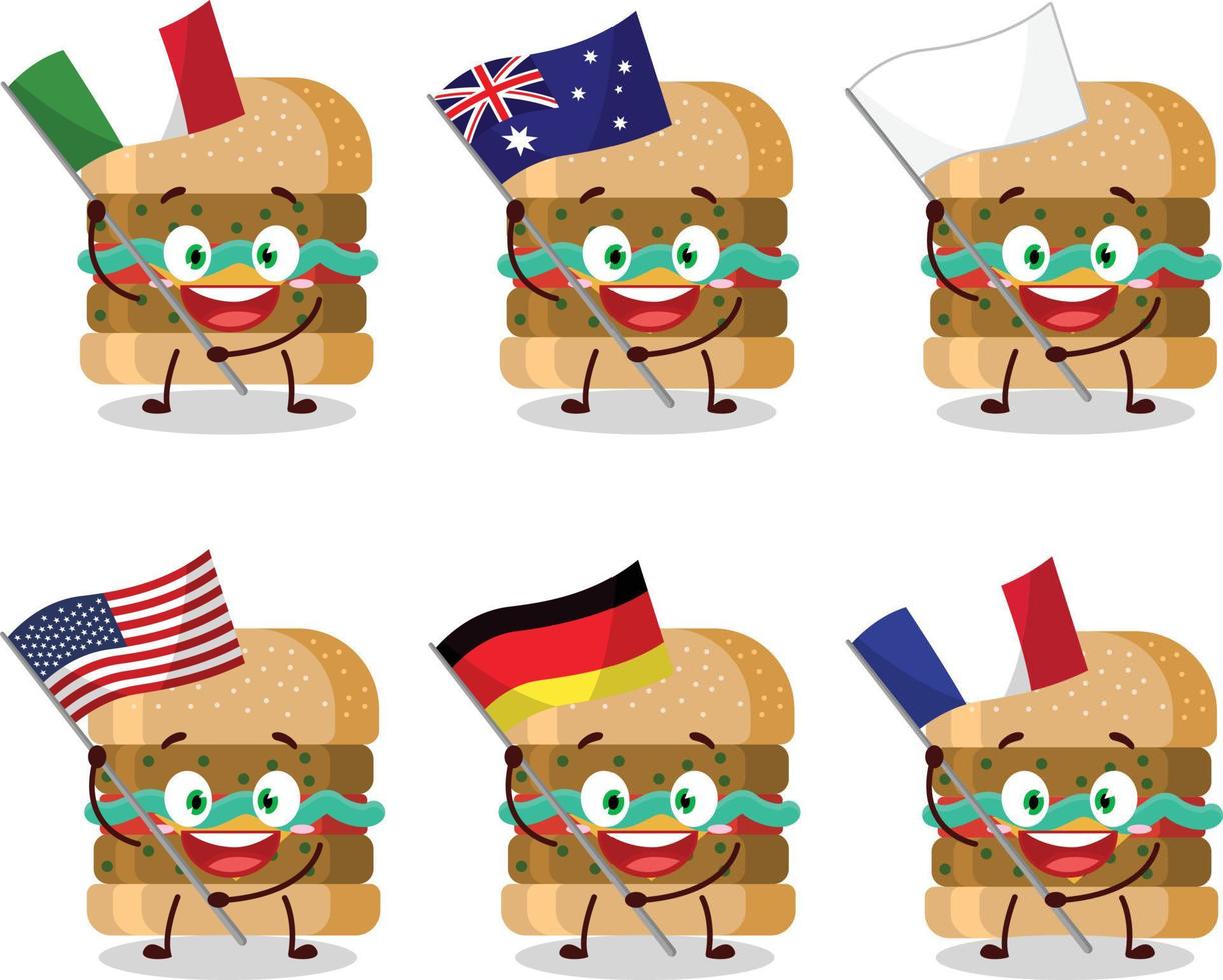 hamburguesa dibujos animados personaje traer el banderas de varios países vector