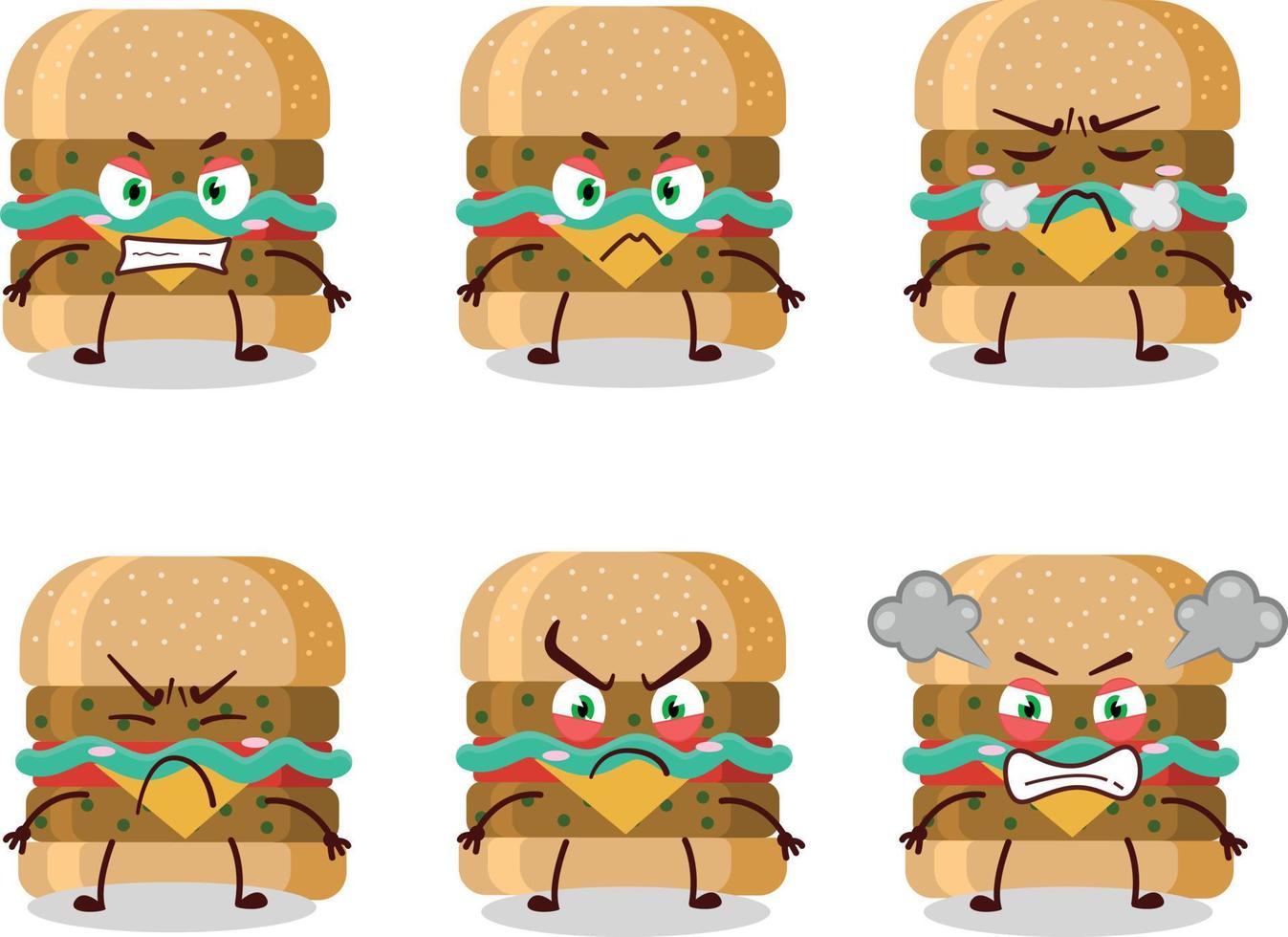 hamburguesa dibujos animados personaje con varios enojado expresiones vector