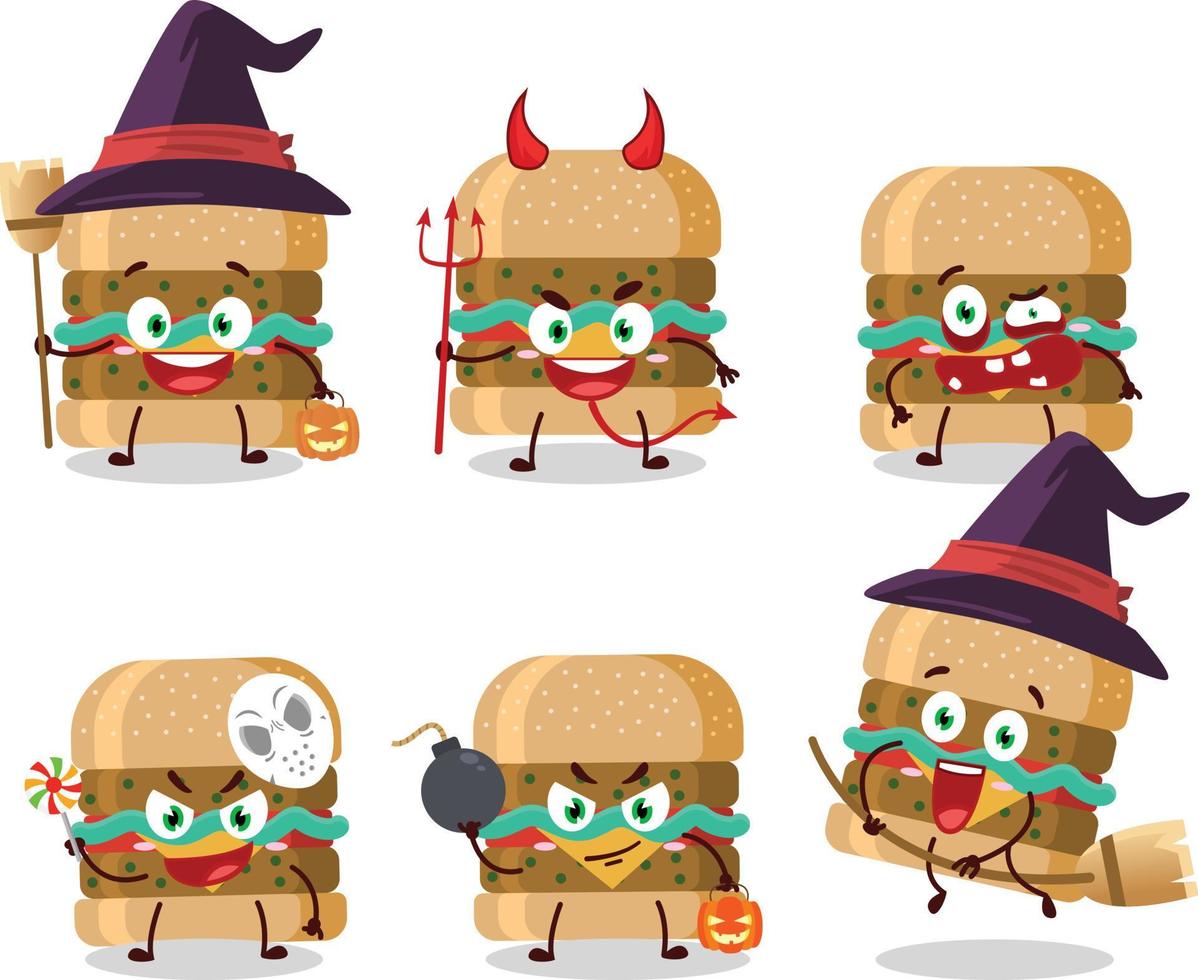 Víspera de Todos los Santos expresión emoticones con dibujos animados personaje de hamburguesa vector