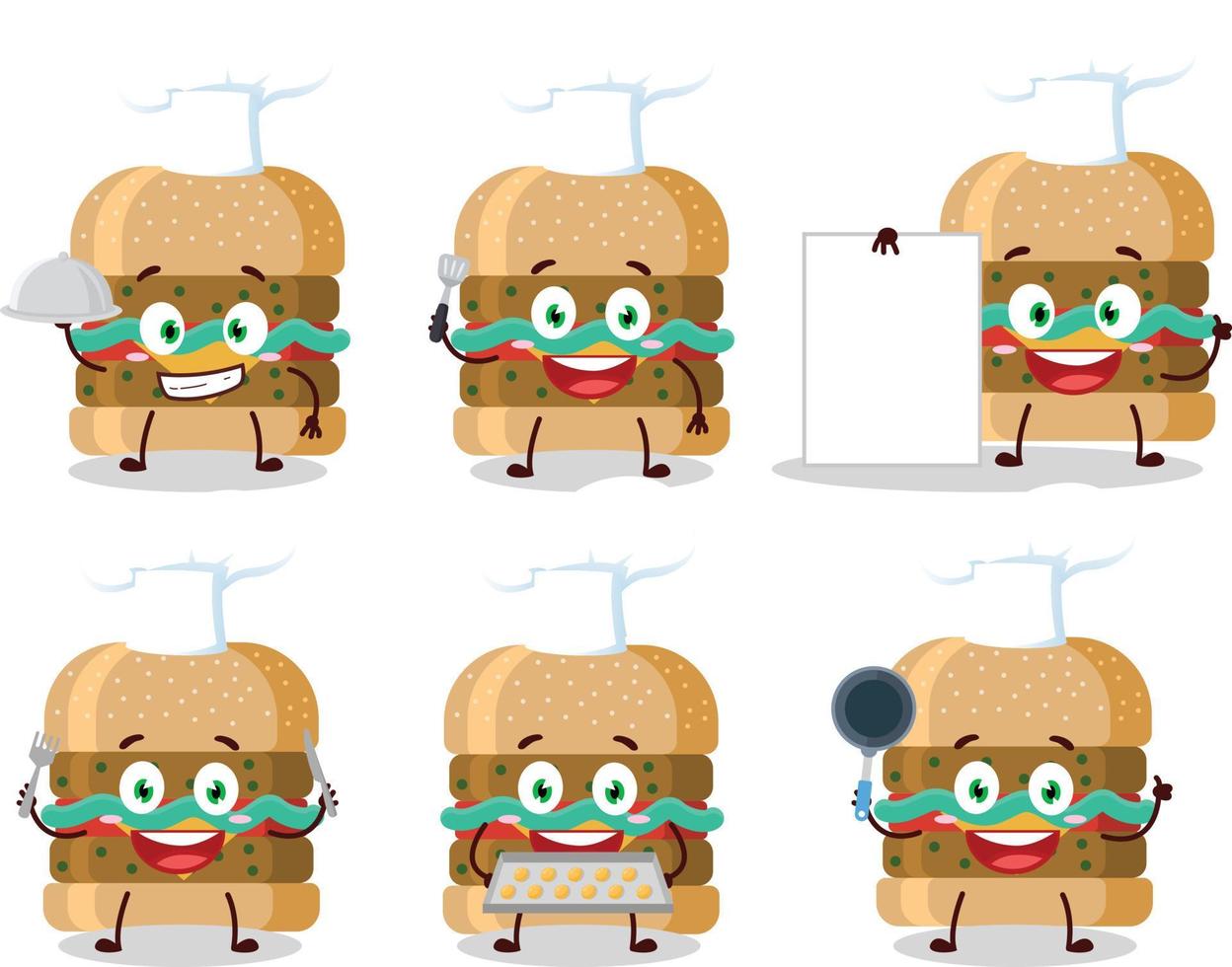 dibujos animados personaje de hamburguesa con varios cocinero emoticones vector