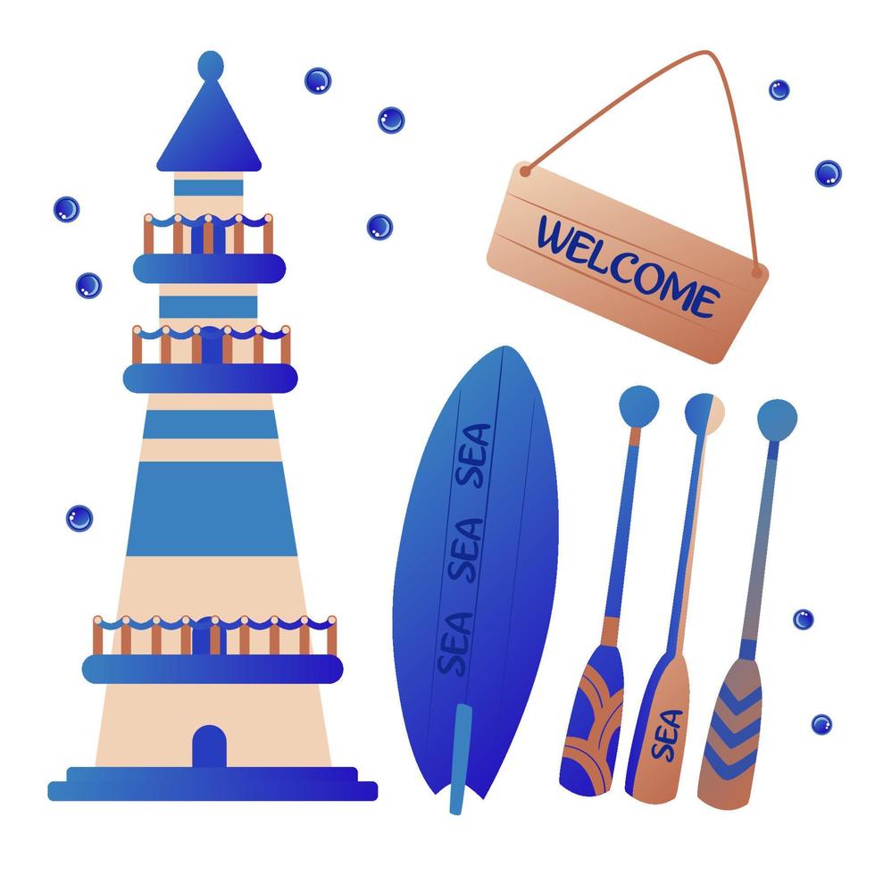 Set of nautical elements for marine design, including a lighthouse, a surfboard, oars and a sign with an inscription. vector illustration set.
