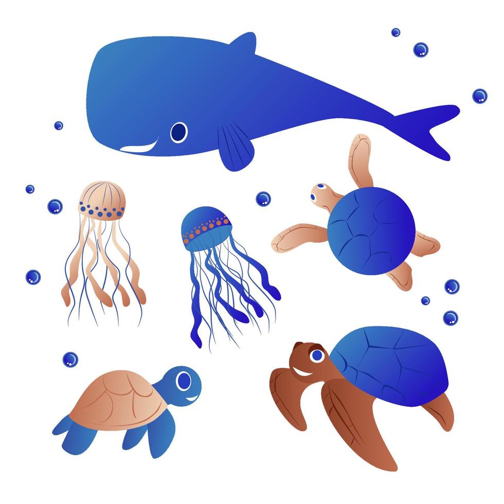 Cartoon sea animals. Cute Whale, turtles and jellyfish. Underwater wildlife creatures vector illustration set.
