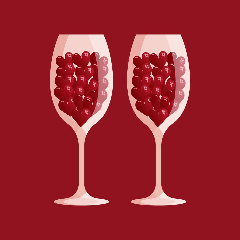 dos vino lentes con corazones. muchos pequeño rojo corazones en dos vino lentes. san valentin día concepto. vector ilustración