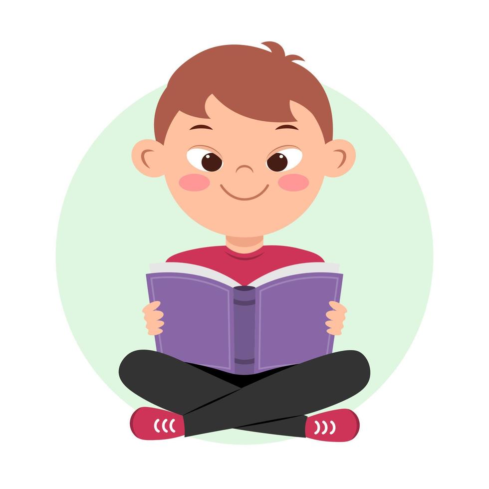 Cute little boy with down syndrome holding open book and reading. vector