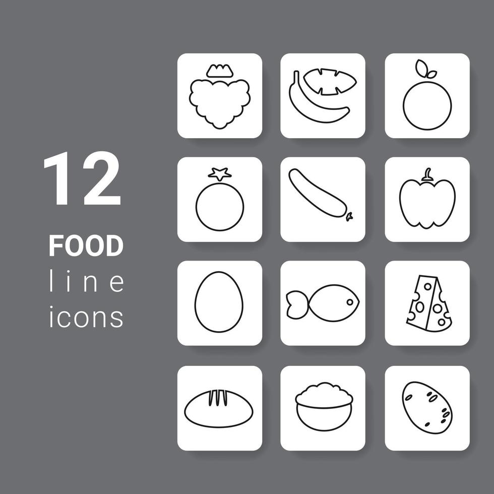 Set of fruit and vegetable square button icons for app healthy nutrition. Vector illustration. Black and white outline web elements