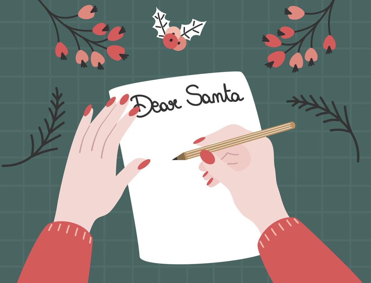 linda hembra personaje manos con bolígrafo escritura letra a Papa Noel claus Navidad vector dibujos animados antecedentes ilustración en plano laico estilo con bayas, acebo y abeto ramas