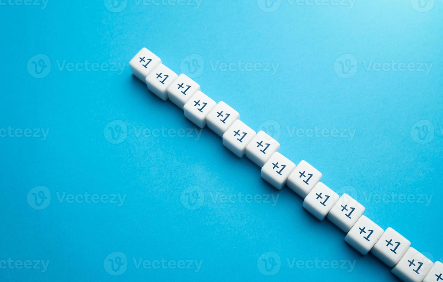 Growing line of blocks plus one. Sequence. Arithmetic progression. Sequential addition to the sum. Add one more. Increase and growth. A series concept. Accumulation process. Continuation photo