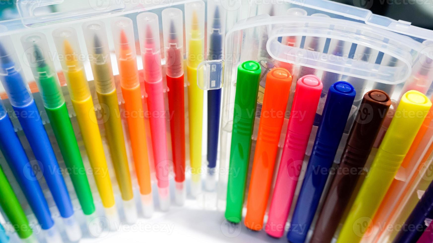 Crayons set on the box. Colorful wax pencils collection. photo