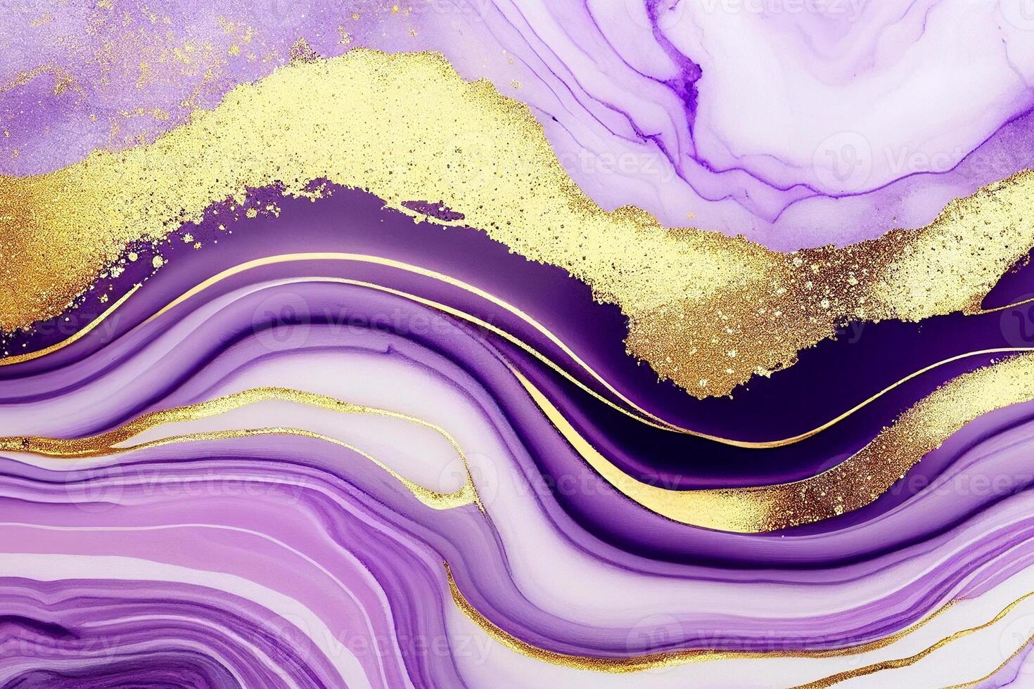 Luxury purple and gold watercolor marble background with glitter dust. Alcohol ink drawing effect photo