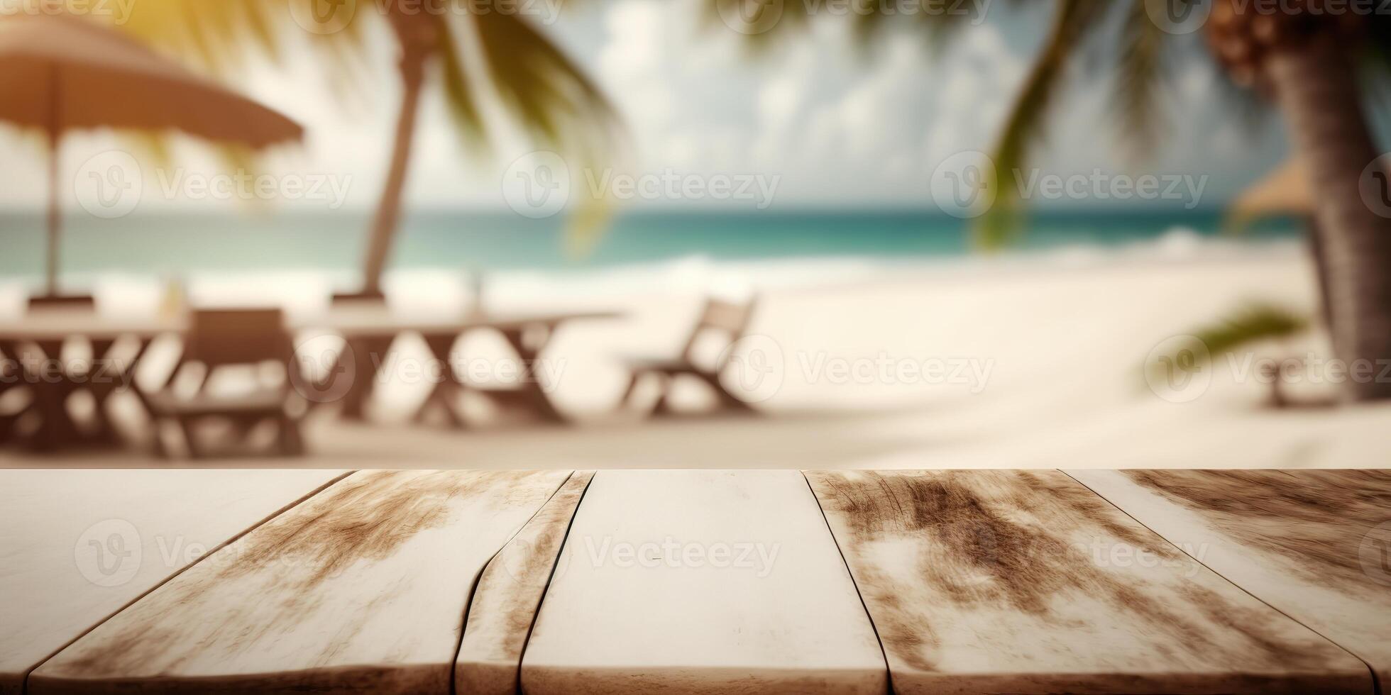 empty wooden table behind blurred beach with white sand and palm trees at sunny day AI photo