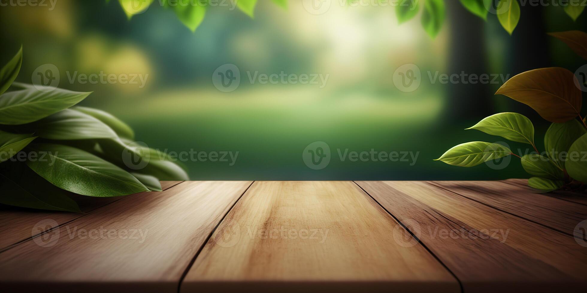 empty wooden table behind leaves nature background AI photo