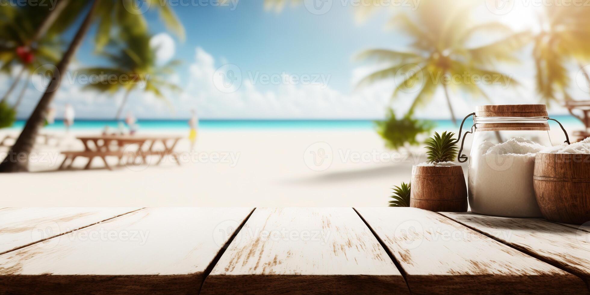 empty wooden table behind blurred beach with white sand and palm trees at sunny day AI photo