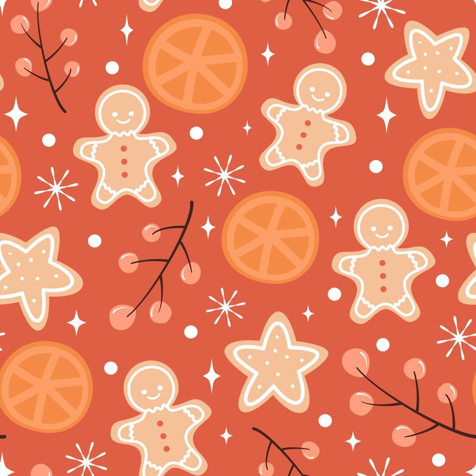 seamless pattern with christmas cookies, berries, stars, orange slice and snowflakes vector