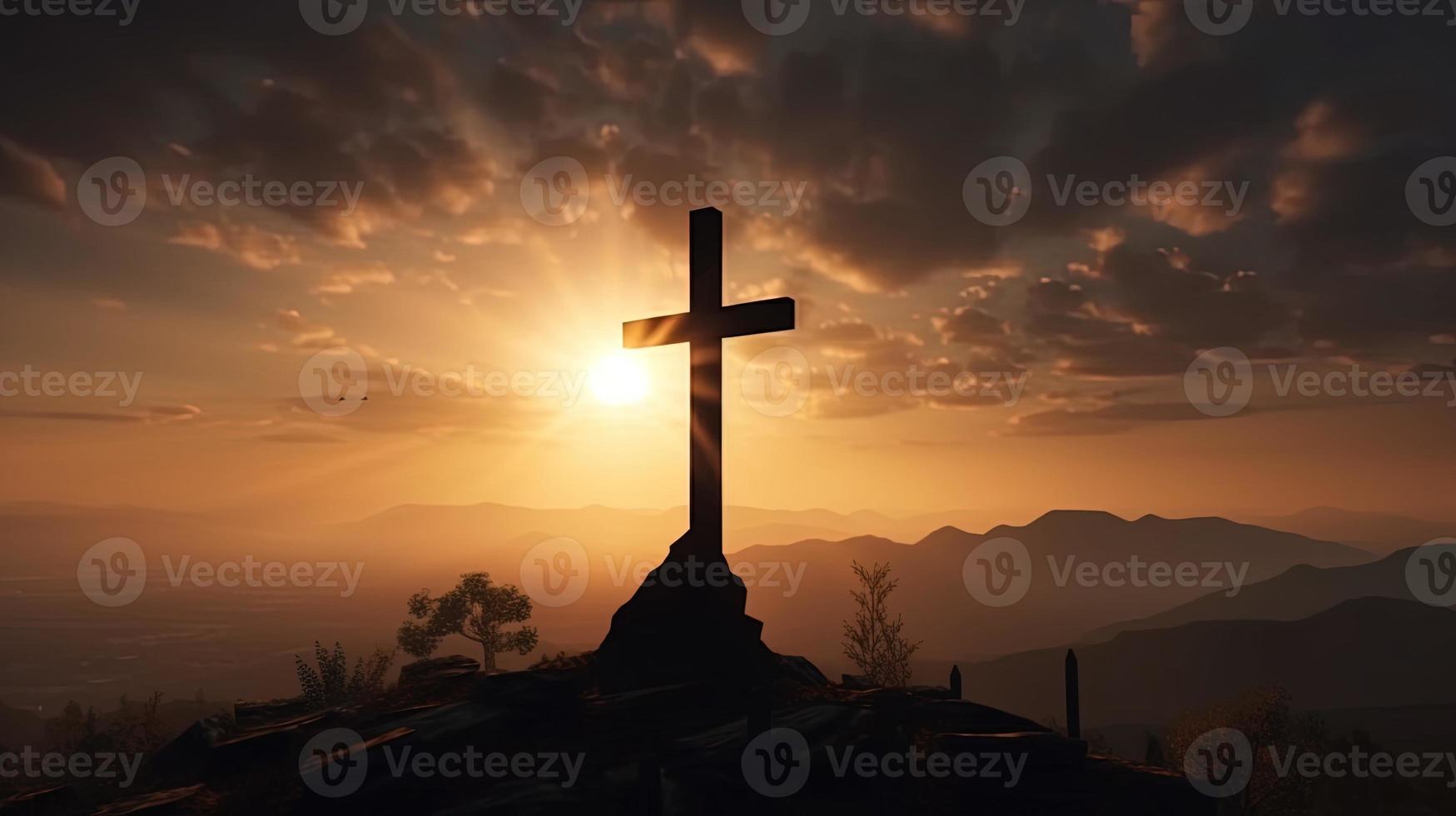 Mountain Majesty Artistic Silhouette of Crucifix Cross Against Sunset Sky photo