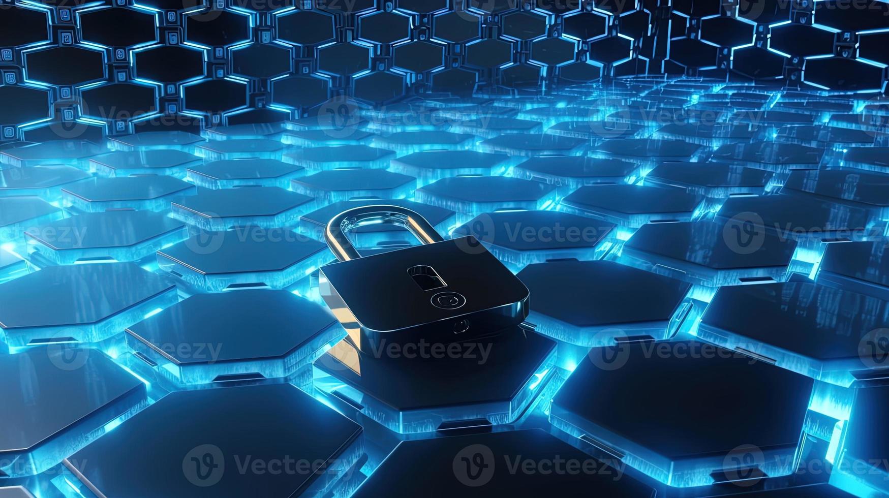 Cyber security concept with closed padlock on hexagons background 3D rendering photo