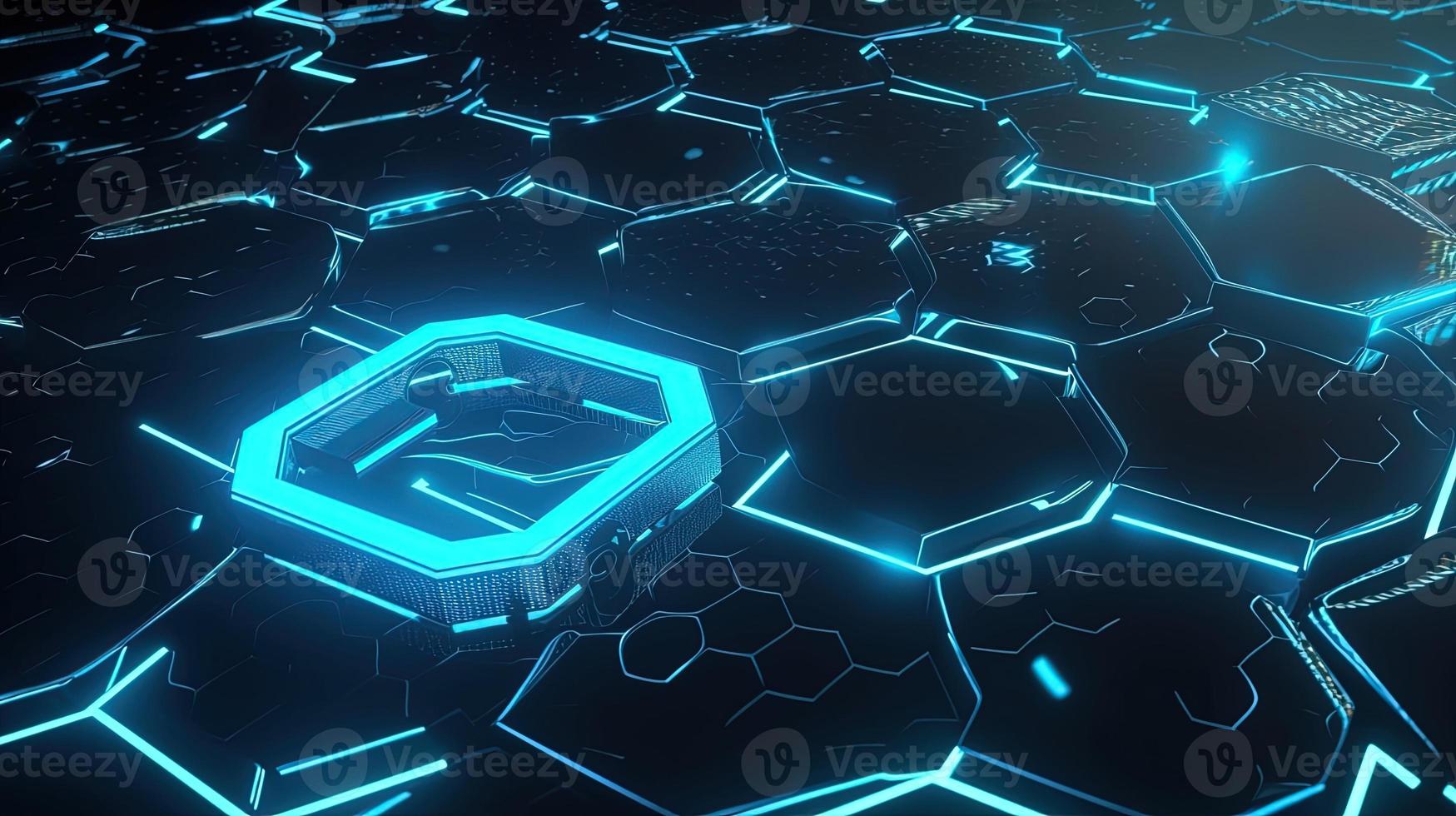 Cyber security concept with closed padlock on hexagons background 3D rendering photo