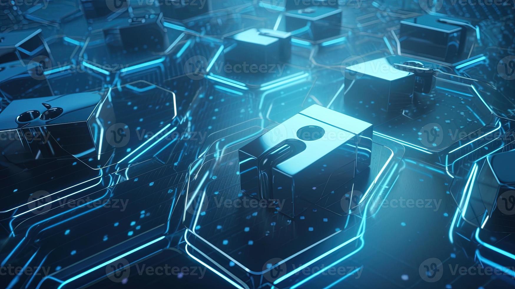 Cyber security concept with closed padlock on hexagons background 3D rendering photo
