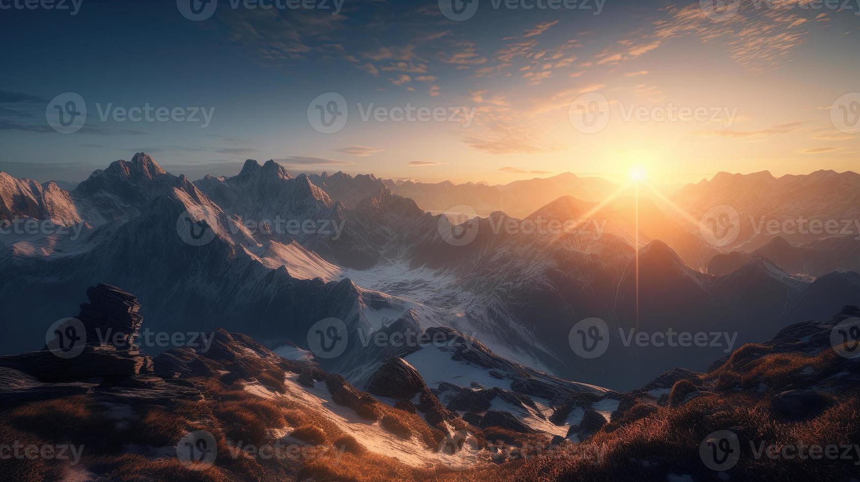 puesta de sol en el montañas. amanecer en el montañas. hermosa invierno paisaje, montaña paisaje a puesta de sol. panorámico ver de el montañas foto