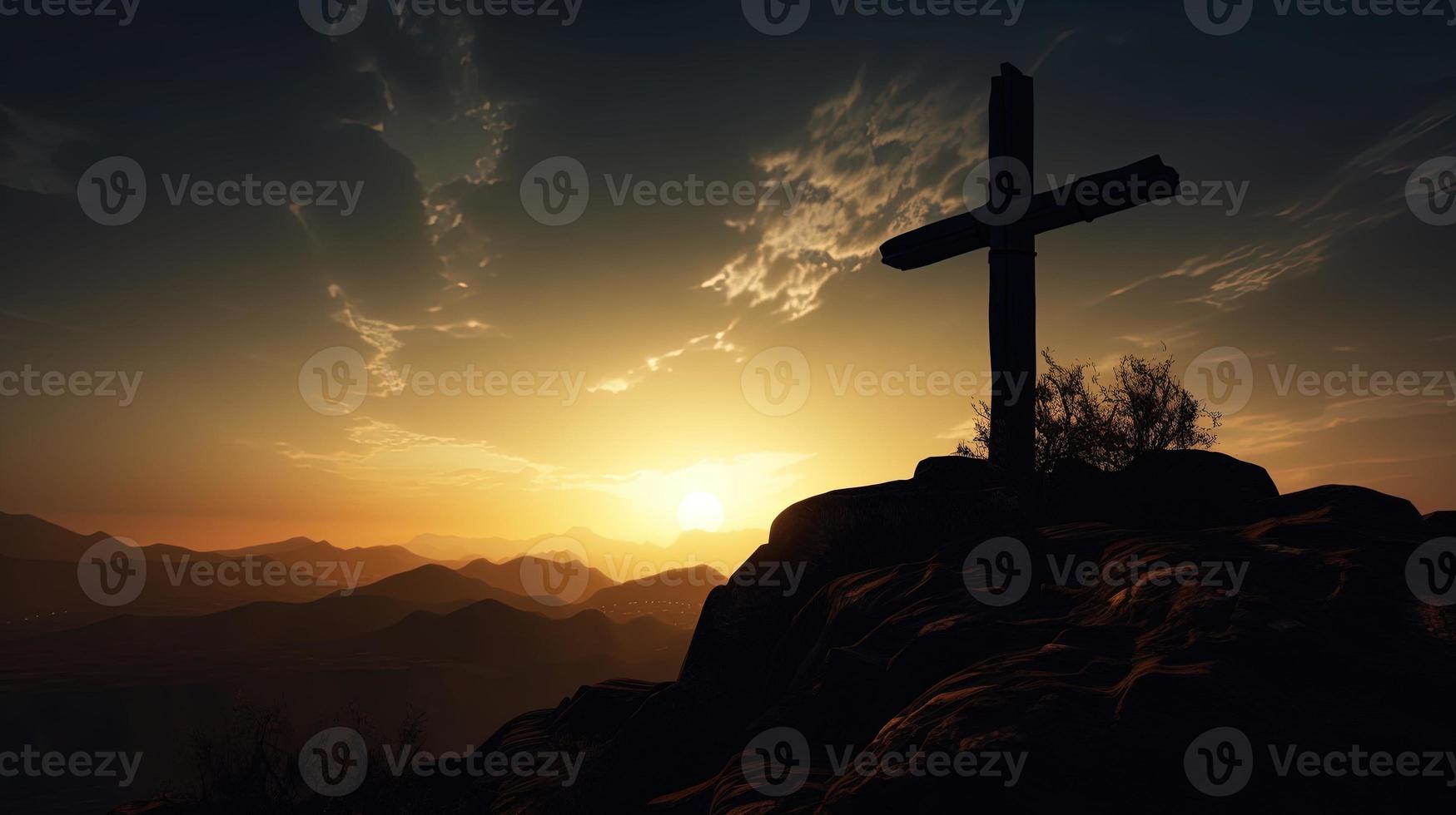 Mountain Majesty Artistic Silhouette of Crucifix Cross Against Sunset Sky photo